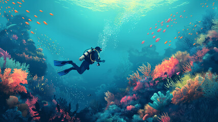 Scuba diver on seabed with tropical coral reef