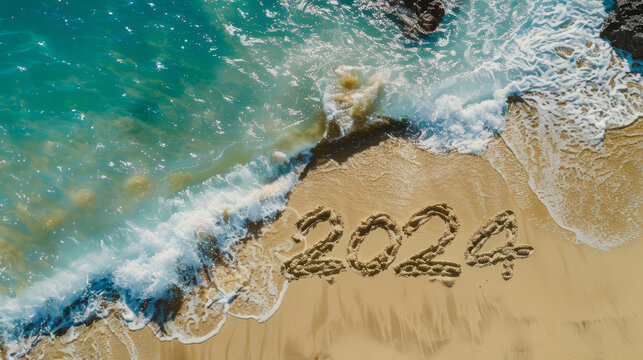 2024 written in the sand on a summer beach. 2024 summer vacation