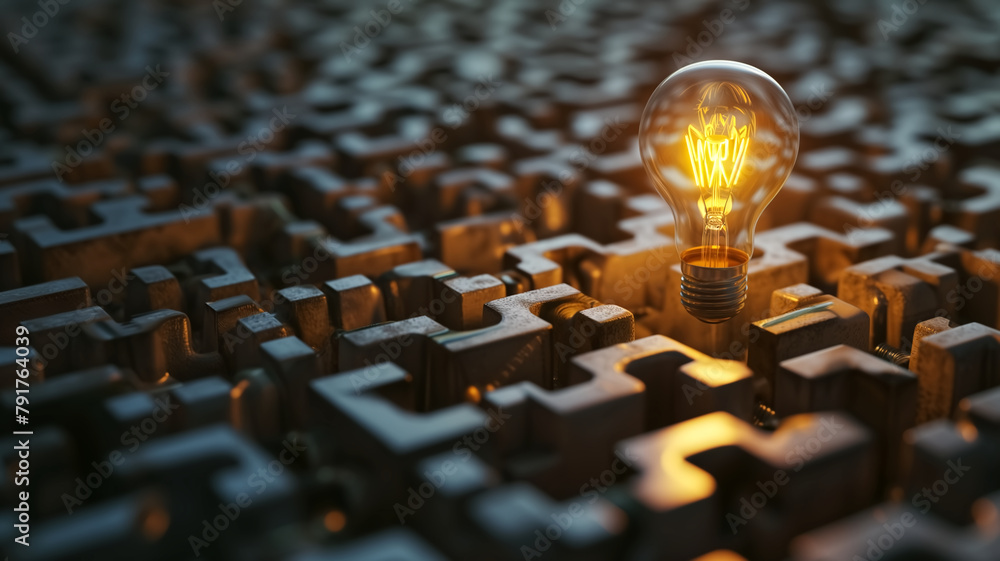 Poster glowing light bulb above maze. conceptual studio shot representing innovation, solutions, and strate