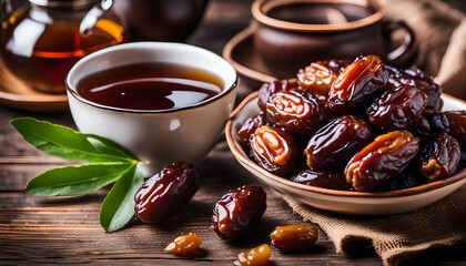 Fresh Medjool Dates in a bowl with tea on wooden background.
 - obrazy, fototapety, plakaty