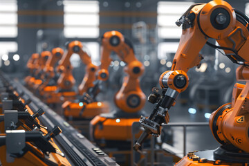 Row of industrial robots in an automated factory