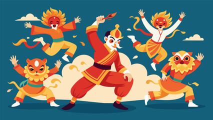 Naklejka premium A traditional lion dance performance showcases the martial arts skills of the dancers as they leap and spin in intricate formations.