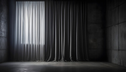 Long Curtain in a studio hall for empty design background Magic theater stage gray curtains Show light coming from back window