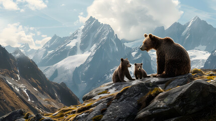 A family of bears having a picnic atop a mountain peak, with a breathtaking vista of snow-capped peaks in the background. Epic photoshoot.


