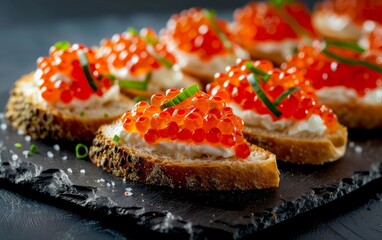 Delectable caviar-topped canapes made with crusty bread, a creamy spread, and glistening orange fish roe, garnished with fresh herbs for an elegant appetizer.
