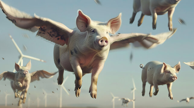 A flock of flying pigs soaring gracefully over a pictures countryside dotted with windmills. Epic photoshoot.


