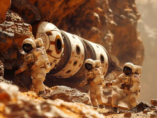 Three astronauts are on a mission to explore a planet. They are wearing space suits and are walking on a rocky surface. The scene is set in a barren landscape with no signs of life
