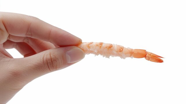 Fresh and clean visual for a photo ad, featuring a hand delicately holding a surimi crab stick, set against an isolated white background, studio lighting