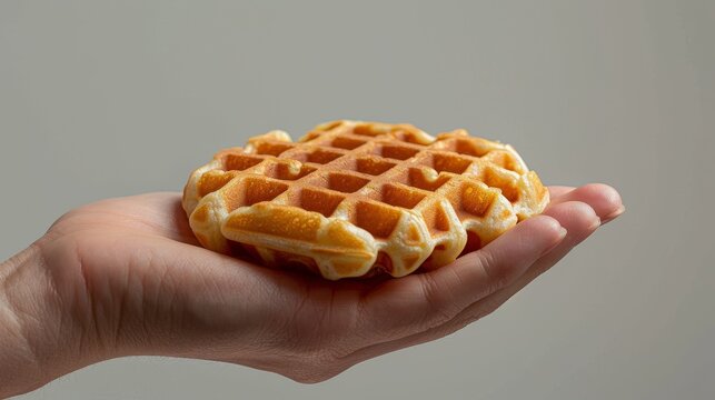 Inviting image of a hand elegantly presenting a crispy waffle, ideal for culinary ads, set against a stark isolated backdrop, studio lighting