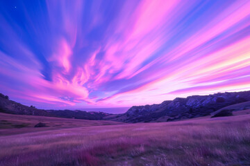 Obraz premium A purple sky with clouds and a field of grass