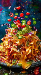 A plate of nachos with lots of toppings, including cheese, tomatoes