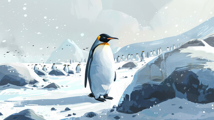 Fototapeta premium A penguin stands in the snow next to a group of penguins