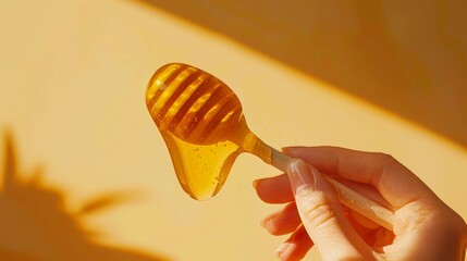 Simple yet striking image of a hand with a honey stick, close-up on the glistening honey against a clean, isolated background, studio lighting enhancing details - obrazy, fototapety, plakaty