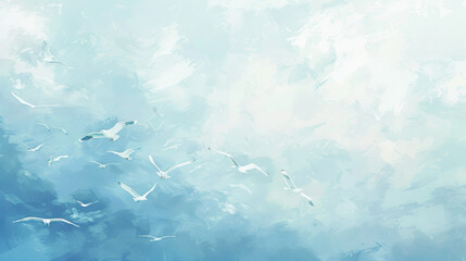 A painting of a blue sky with a flock of birds flying in it