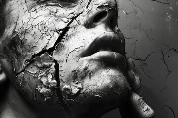 A man's face is covered in cracks and dirt, giving it a broken