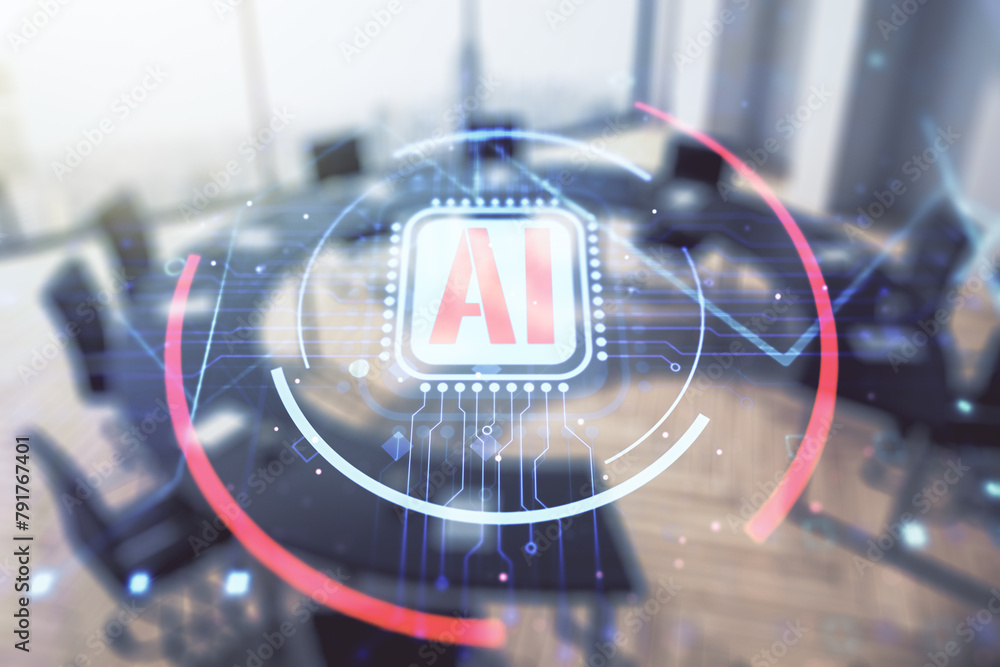 Poster double exposure of creative artificial intelligence abbreviation hologram on a modern boardroom back