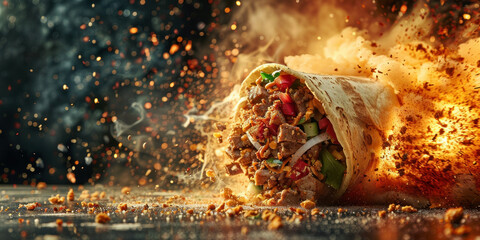 Fiery Explosion Launching Burrito into the Air, Dramatic Food Photography Concept with Smoke and Flames