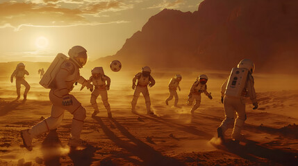 A group of astronauts playing a game of soccer on the surface of Mars, with the red planet's landscape in the background. Epic photoshoot.


