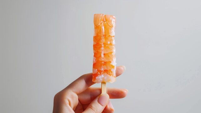 Engaging advertisement with a hand holding up a surimi crab stick, spotlighted with studio lighting against a pure isolated background