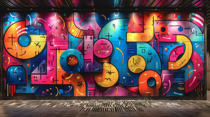 Abstract graffiti pattern on a brick wall in pink, blue and yellow colors. - 791767608