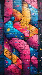 Abstract graffiti pattern on a brick wall in pink, blue and yellow colors. - 791767660