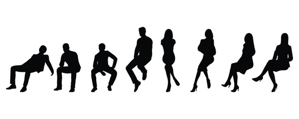 Businessman and businesswoman sitting. Full body silhouette people on a white background. Men and women Man and woman in sitting position, front view. Vector illustration.
