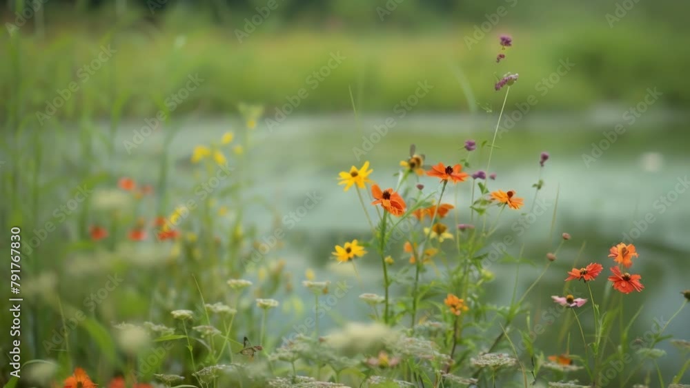 Poster in the distance a vibrant patch of wildflowers blooms at the edge of a pond attracting a colorful ar