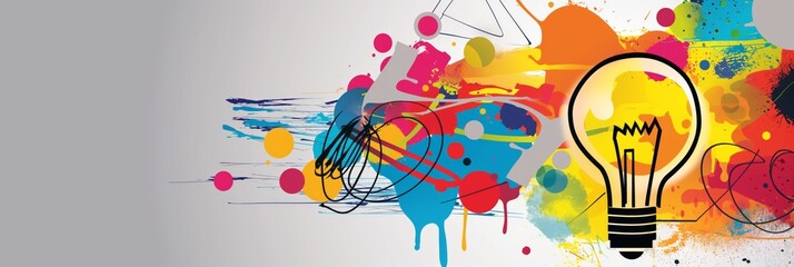 Fototapeta na wymiar A vibrant light bulb graphic symbolizing creativity overlaid on a backdrop of colorful paint splashes
