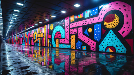 Tunnel with bright graffiti art on the walls. - 791768067