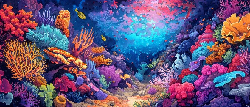 A beautiful painting of a coral reef with many different types of fish swimming around.