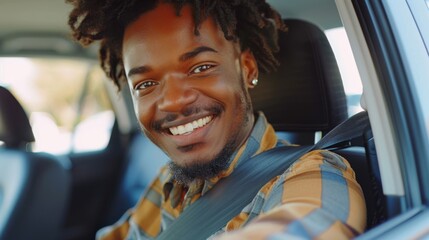 Smiling Man Driving a Car - obrazy, fototapety, plakaty