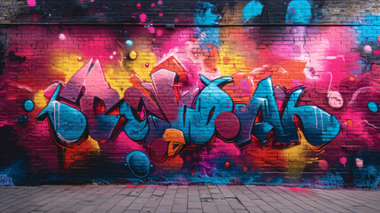 Abstract graffiti pattern on a brick wall in pink, blue and yellow colors. - 791768228