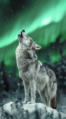 A wild wolf howls poignantly beneath the swirling aurora borealis, evoking the mystery of the natural world