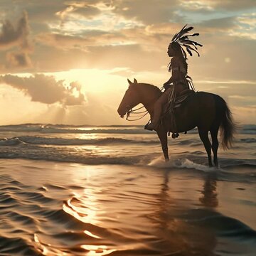 AI generated 3d animation of Native American person riding Horse on the Beach with sea waves