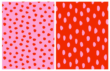 Cute Abstract Seamless Patterns with Hand Drawn Irregular Dots and Spots on a Light Pink and Red Background. Simple Red-Pink Geometric Dotted Design. Funny Repeatable Abstract Doodle Print. - 791768689