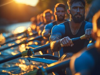 A group of rowers are rowing in a boat with the sun setting in the background. The man in the middle of the rowers is the only one with a beard
