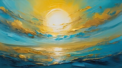 Psychedelic Symphony Painting, Abstract scene of sunset, Colorful Artwork in blue and gold