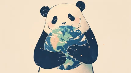 Fotobehang A hand drawn panda lovingly embraces the earth on a crisp white backdrop set against a solitary scene © AkuAku