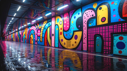 Tunnel with bright graffiti art on the walls. - 791769067
