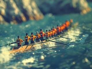 A group of rowers are in a boat on a choppy sea. The rowers are wearing orange and black outfits - obrazy, fototapety, plakaty