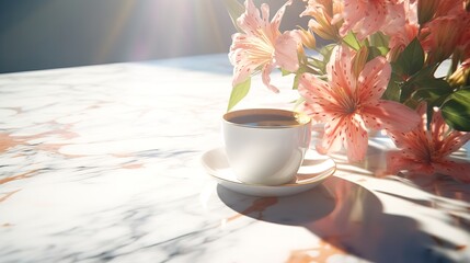 Morning Coffee in Modern Cup on Marble Table


