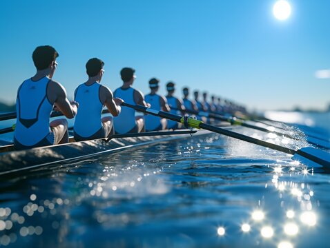 A group of rowers are sitting in a boat on a lake. The sun is shining on the water, creating a beautiful reflection. Scene is peaceful and serene, as the rowers are enjoying their time on the water