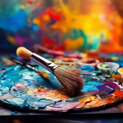 Obraz premium artistic paintbrush lays palette rainbow oil paint.