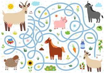 Help mother goat to find a way to her baby kid. Farm maze activity for kids. Mini game for school and preschool. Vector illustration
