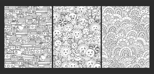 Fototapeta premium Doodle coloring pages bundle. Adorable templates set for coloring book in US Letter format with boats, sun characters and rainbows. Vector illustration