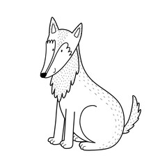 Cute black and white wolf in a sitting position. Forest character in outline for kids design. Woodland animal isolated. Vector illustration