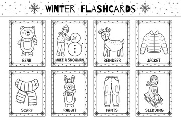 Winter flashcards black and white collection for kids. Flash cards set in outline with cute characters for school and preschool. Vector illustration