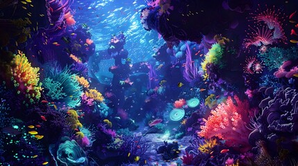 Obraz na płótnie Canvas Ethereal Underwater World A Surreal D of Bioluminescent Creatures and Vibrant Coral Reefs