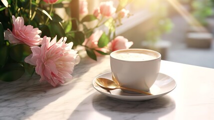 Fototapeta na wymiar Morning Coffee in Modern Cup on Marble Table