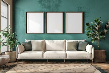 Interior of modern living room with green walls, carpet and Sofa, Ai generated